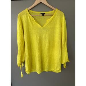 Talbots 100% Linen Hamptons Sweater Yellow V-Neck Tie Sleeve Tunic Top vibrant
